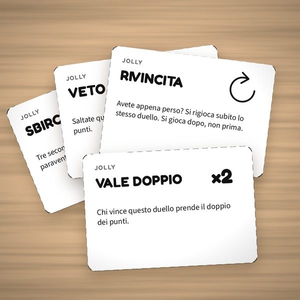 Quattro carte jolly ritagliate: Vale doppio, Veto, Rivincita, Sbirciata.